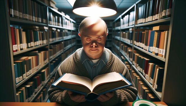 An elderly man with down syndrome reading a book in the library.