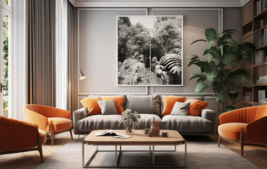 Stylish orange colour living room with design furniture, plants, book stand and wooden desk. Modern decor of bright room. Created with Generative AI