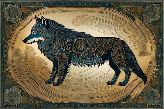 An ancient scroll depicting a wolf as a symbol of wisdom and guardianship, intricate details and earthy tones