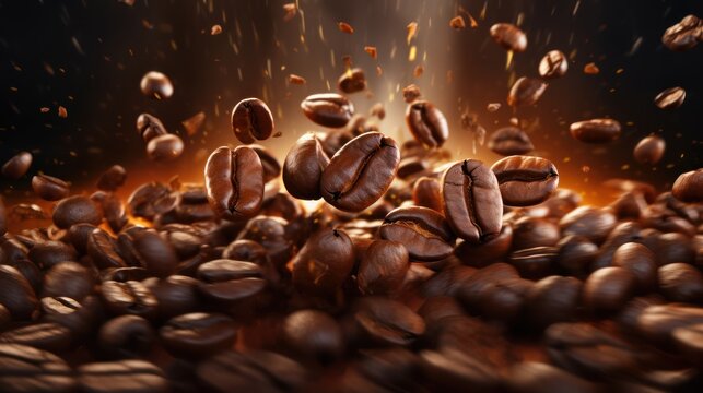 Coffee beans explosion.Brown Coffee Beans Closeup.