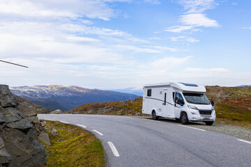 Motorhome camper in Stegastein view point road, south Norway. Europe