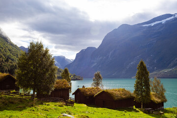 Traditional houses in Lovatnet lake valley in south Norway, Europe