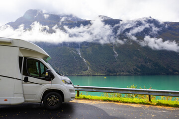 Motorhome camper in Lovatnet lake valley in south Norway, Europe