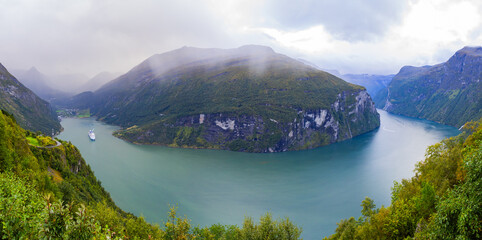 Autumn landscape in Geiranger Fiord valley in south Norway, Europe