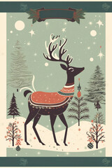 Illustration of a reindeer with ornaments in retro style