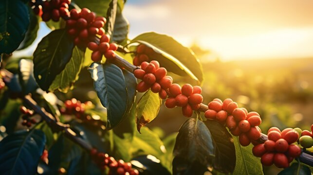 Fresh Coffee Cherry. Coffee beans on coffee plant.