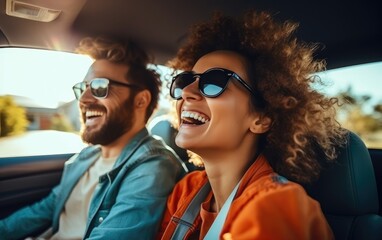 A man driving a car with his girlfriend and having fun - obrazy, fototapety, plakaty