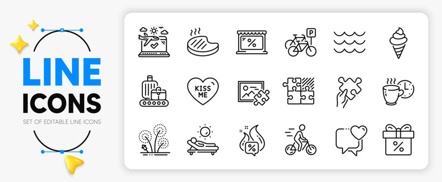 Puzzle image, Heart and Cyclist line icons set for app include Baggage belt, Puzzle, Grilled steak outline thin icon. Bicycle parking, Market, Ice cream pictogram icon. Hot offer, Kiss meWaves. Vector