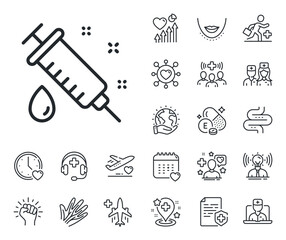Medicine vaccine sign. Online doctor, patient and medicine outline icons. Medical syringe line icon. Pharmacy medication symbol. Medical syringe line sign. Vector
