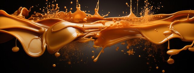 Caramel splash milk sauce chocolate liquid background cream explosion png toffee food falling. Splash caramel candy 3D isolated nougat milk wave swirl fly design syrup condensed black dark white drop.