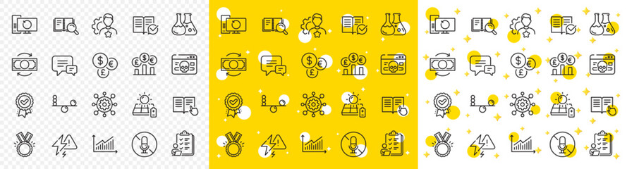 Outline Chemistry lab, Change money and Balance line icons pack for web with Money currency, Currency rate, Read instruction line icon. Lightning bolt, Solar panel. Yellow design with 3d stars. Vector