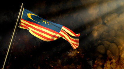 soft focus Malaysia flag on smoke with sun beams backdrop - problems concept - abstract 3D illustration