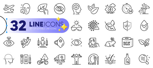 Outline set of Vegetable, Uv protection and Medical flight line icons for web with Blood and saliva test, Eye laser, Leaf dew thin icon. Dermatologically tested, Covid virus. Vector