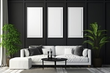 mock up poster frame in modern interior background, black and white living room, Scandinavian style, 3D render, 3D illustration