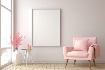 mock up poster frame in modern interior background, pink living room, Scandinavian style, 3D render, 3D illustration
