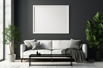 mock up poster frame in modern interior black background, living room, Scandinavian style, 3D render, 3D illustration