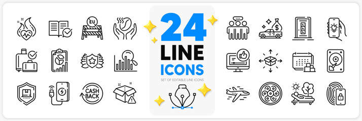 Icons set of Cash transit, Cable section and Laureate line icons pack for app with Approved documentation, Electric app, Report thin outline icon. Baggage reclaim, Delivery, Hdd pictogram. Vector