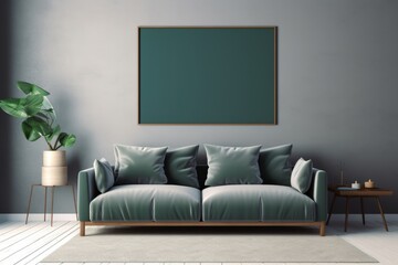 mock up poster frame in modern interior background, green living room, Scandinavian style, 3D render, 3D illustration