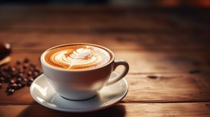 Hot cappuccino coffee latte art on table on wooden background.