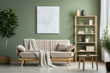 Interior design of living room with brown mock up photo white photo frame with green leaf. environment concept