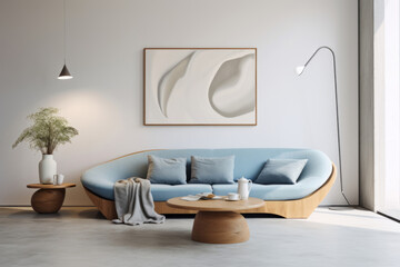 Studio apartment with curved blue sofa and pillows. Minimalist interior. Generative AI