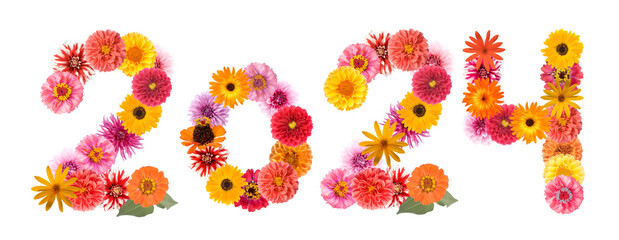 Numbers 2024 made from flowers isolated on white.