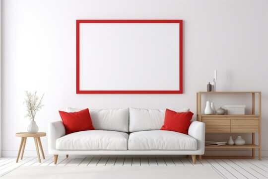 Interior design of living room with mock up photo red photo frame with green leaf. 
cozy living room