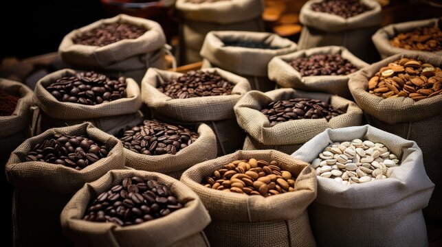 Seeds and coffee beans in sacks on various components.