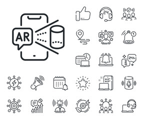 VR simulation sign. Place location, technology and smart speaker outline icons. Augmented reality phone line icon. 3d view symbol. Augmented reality line sign. Vector