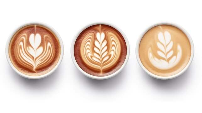 Set of hot coffee,cappuccino,latte art foam isolated on white background.