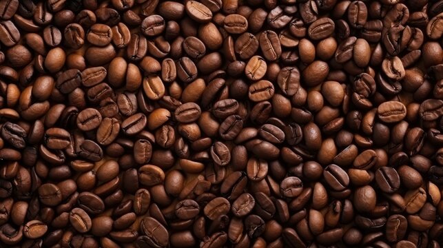 Top view background of aromatic brown coffee beans scattered on surface.