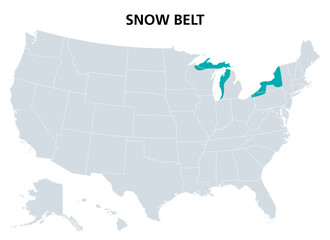 Snow Belt of the United States, political map. Also called snowbelt, is the region near the Great Lakes in North America, where heavy snowfall in the form of lake-effect snow is particularly common.