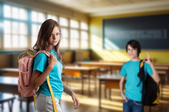 Cute little school child in classroom background, AI generated image