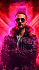 Handsome african american man in leather jacket and sunglasses over neon background.