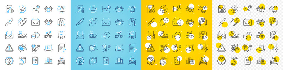Vector icons set of Knife, Business report and Dollar rate line icons pack for web with Employee hand, Safe time, 24h service outline icon. Mail, Spanner, Power certificate pictogram. Vector