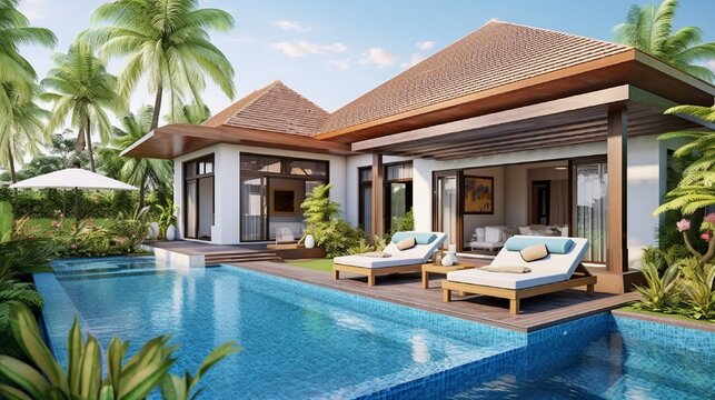 home or house construction The exterior and interior design depicts a tropical pool villa with a green garden, a sun bed, and a blue sky.