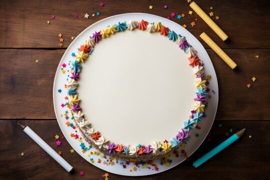 Birthday cake with colorful whipped cream, top view, text space, blank