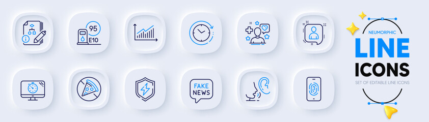 Seo timer, Time change and Whisper line icons for web app. Pack of Algorithm, Developers chat, Prohibit food pictogram icons. Petrol station, Graph, Patient signs. Fingerprint. Vector
