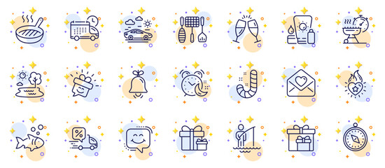 Outline set of Delivery, Delivery boxes and Fisherman line icons for web app. Include Lake, Heart flame, Smile pictogram icons. Candy, Car travel, Fish signs. Grill time. Circles with 3d stars. Vector