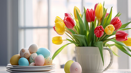 White plate with colored easter eggs, bouquet of multicolored tulips flowers in vase on white kitchen table near window. Festive Easter spring card. Blurred background. Copy space.