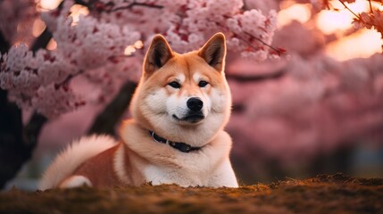 Shiba Inu dog breed against the background of cherry blossoms. Generation AI