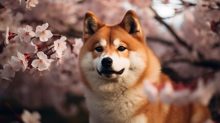 Naklejka na ściany i meble Shiba Inu dog breed against the background of cherry blossoms. Generation AI