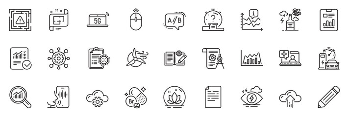 Icons pack as Medical help, Stress and Checked calculation line icons for app include Cloud computing, Chart, Maze attention outline thin icon web set. Windmill turbine, Lotus. Vector - obrazy, fototapety, plakaty