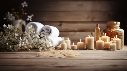 Beautiful spa treatment composition such as Towels, candles, essential oils, Massage Stones on light wooden background. blur living room, natural creams and moisturizing Healthy lifestyle, body care