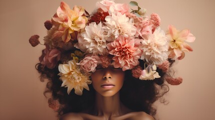 Mental health awareness and self care. Woman with her head covered with flowers. Happiness and inner peace with strong and feminine personality. Psychological balance for mother or female.