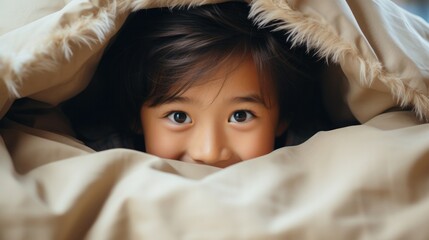 little asian children kid playing hide and seek standing behind the sofa, Adorable child having fun in the home. happy family have fun with kids, activity, learning, activity, game, meditation - obrazy, fototapety, plakaty