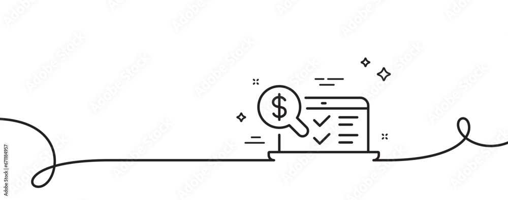 Poster online accounting line icon. continuous one line with curl. audit sign. check finance symbol. online