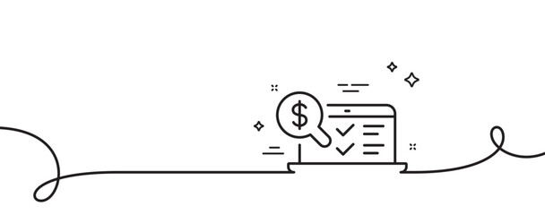 Online accounting line icon. Continuous one line with curl. Audit sign. Check finance symbol. Online accounting single outline ribbon. Loop curve pattern. Vector