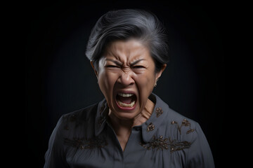 Fototapeta premium Angry senior Asian woman yelling, head and shoulders portrait on black background. Neural network generated image. Not based on any actual person or scene.