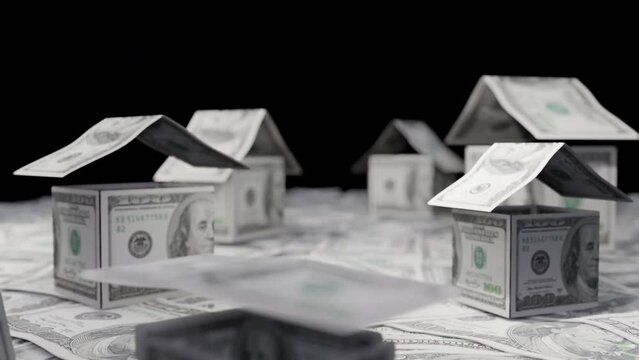 Investing in real estate yields profits, and the image is created by combining banknotes into a house format